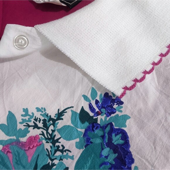 Vtg Women's Floral Shirt M Medium Pink Blue Flowers Color Block Blouse Art Pop - Picture 6 of 9